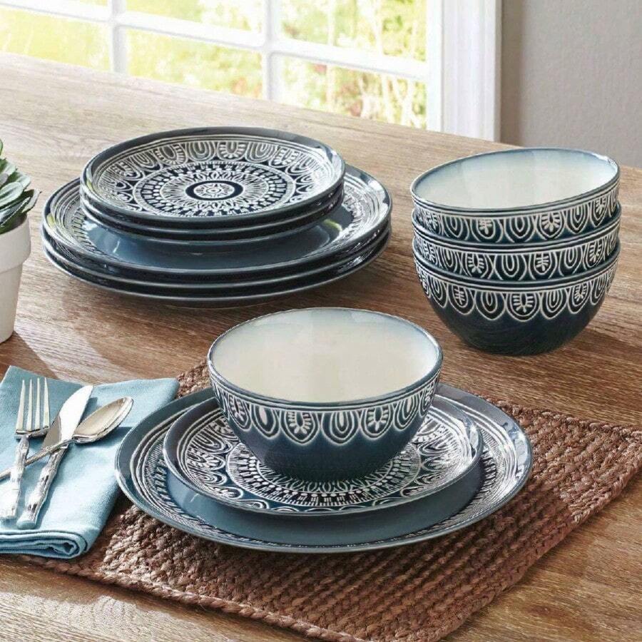 12-Piece Dinnerware Set Dishes Dinner Teal Medallion Plates Bowls Kitchen NEW - 1 - View 1