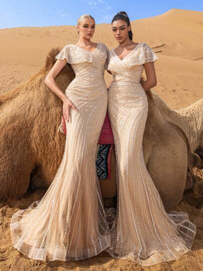 Faeriesty Haute Glamour Luxury Beaded V-Nck Mermaid Evening Gown With Sculpted Silhouette & Dramatic Train | Gala Dresses For Red Carpet Events, Formal Banquets, Luxury Weddings, Black Tie Affairs, Charity Galas