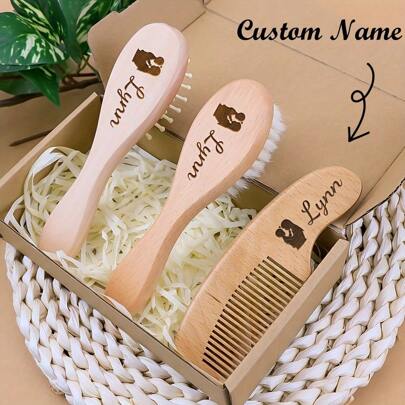 Juego personalizable de cepillos de pelo de madera con patrón de nombre, accesorio de pelo personalizado, regalo del Día de la Madre