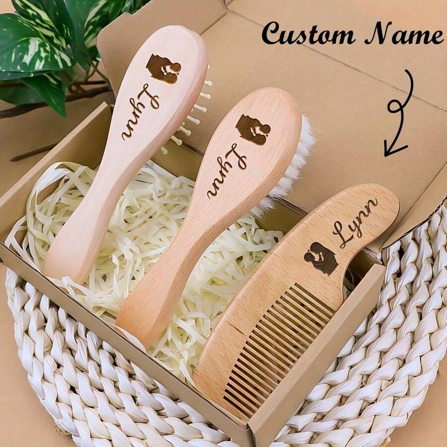 Juego personalizable de cepillos de pelo de madera con patrón de nombre, accesorio de pelo personalizado, regalo del Día de la Madre - conjunto de tres piezas con patrón madre - Ver 1