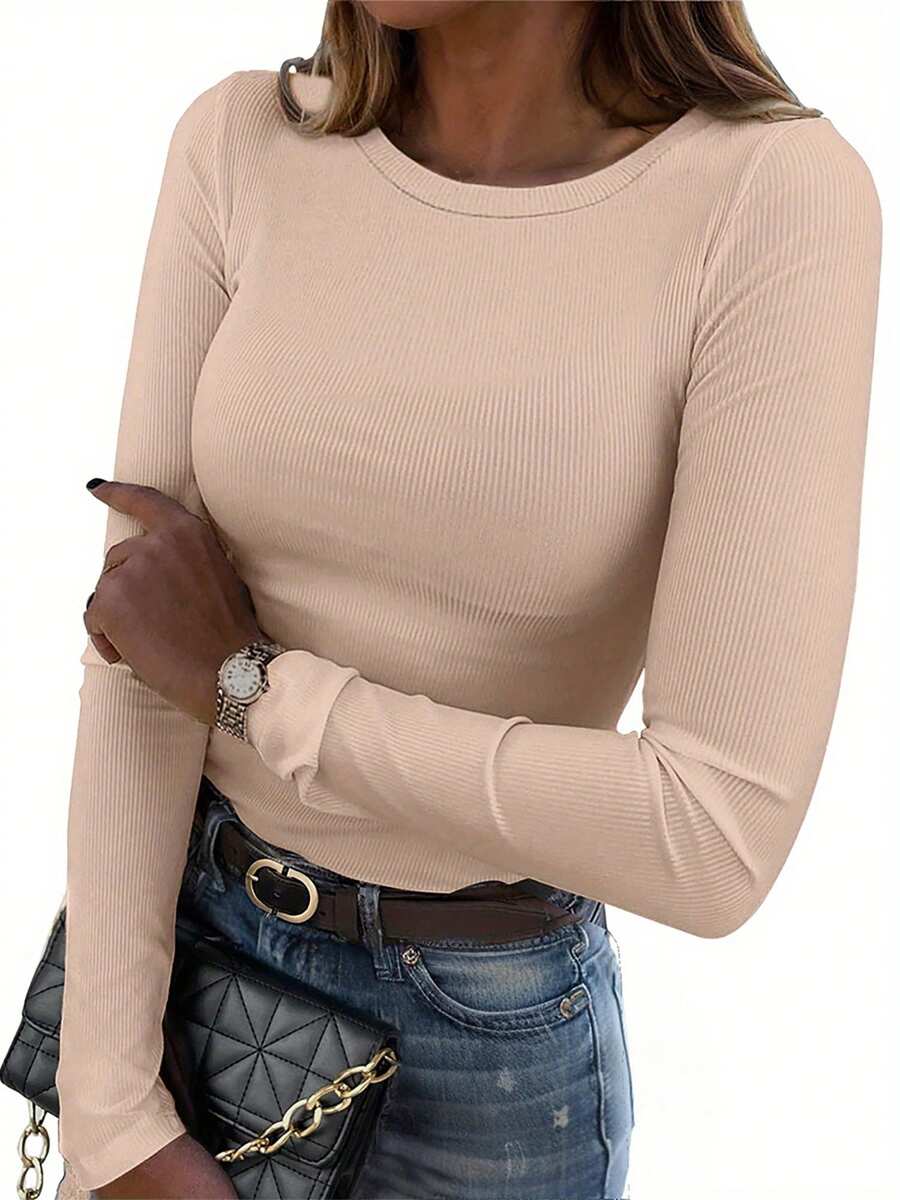 Women's Solid Color Ribbed T-Shirts Round Neck Long Sleeves Slim Fit Casual Crop Tops Stretchy Soft - Pink - View 1