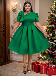 Plus Size Women's Short Sleeve Bow Tie Midi A-Line Party Dress, Suitable For Valentine's Day, Birthday, Wedding Guest, Graduation, Formal Dinner, Homecoming And Other Occasions - Green - View 2