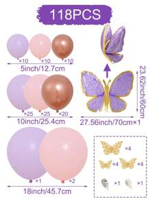 118pcs, Purple Pink Balloon Garland Arch Kit Maca Purple Latex Balloon Rose Gold Decorative Balloon With Foil Butterfly Balloon Decoration For Birthday Party Wedding Decoration, Balloon Garland Arch Set - Multicolor - View 5