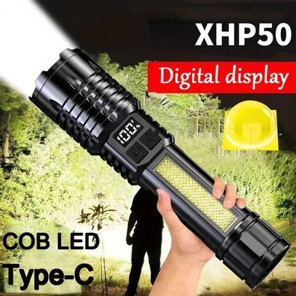 1Pc High Lumen Rechargeable Flashlight, ABS LED Flashlight XHP50 USB Super Bright Flash, Handheld Digital Display Family Outdoor Camping, Fishing, Hunting, Cycling, Hiking Flashlight Emergency, 5 Modes, Scalable, Built-In Battery