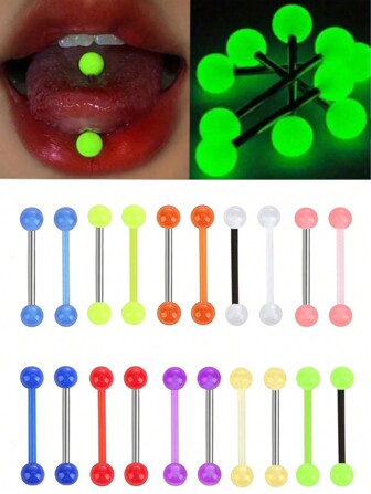 5 st/10 st moderiktiga 10 färger akryl rund skivstång som lyser i mörkret piercingtungringar, rostfritt stål UV flexibel stång, tungpiercingsmyckeset