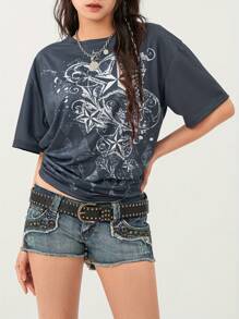 Women's Summer Casual Gothic Tops Short Sleeve Vintage Pattern Print Loose T-Shirt - Black - View 4