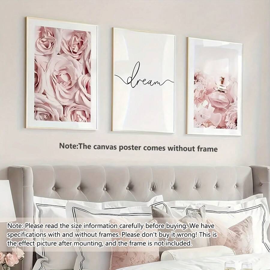 Bộ 3 bức tranh vải canvas màu hồng hiện đại không khung, trang trí phong cách cho phòng ngủ và phòng khách, nghệ thuật treo tường, quà tặng lý tưởng
