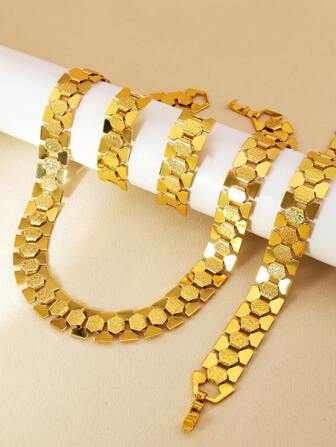 4 件套时尚金属夸张几何链条首饰套装金项链手链耳环适合女性日常聚会佩戴