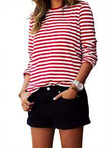 Women Red White Striped Casual Tops Long Sleeve Round Neck Loose Shirt Fashion T-Shirt - 紅色 - 查看 1
