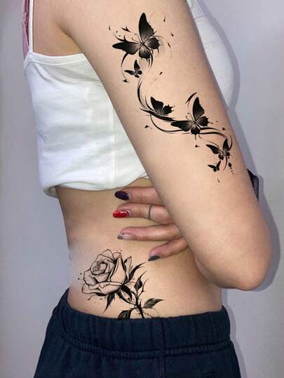 2 pezzi di tatuaggi temporanei sexy, design a farfalla nera e fiore di rosa, impermeabili, per make-up e body art, adatti per braccia, gambe, vita e schiena delle donne