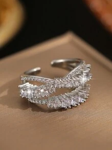 1pc Luxury Minimalist Twist Design Zirconia Adjustable Ring, Suitable For Women And Girls Everyday Wear - White - View 5