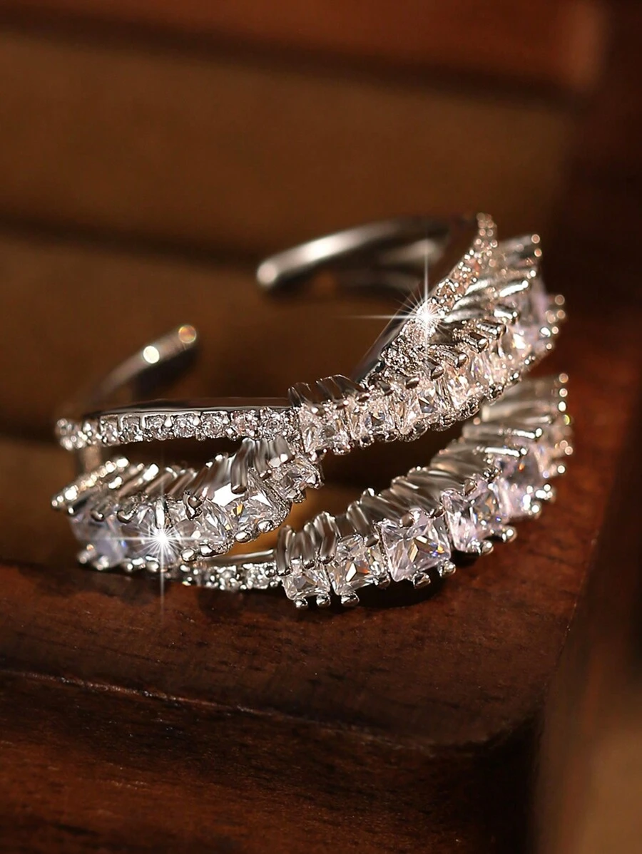 1pc Luxury Minimalist Twist Design Zirconia Adjustable Ring, Suitable For Women And Girls Everyday Wear - White - View 1