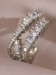 1pc Luxury Minimalist Twist Design Zirconia Adjustable Ring, Suitable For Women And Girls Everyday Wear - White - View 4
