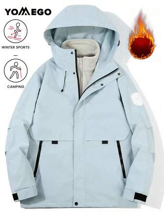 YOMEGO 女士防水滑雪服，三合一保暖冬季雪地外套，防风连帽雨衣，户外服装，纯色，长袖，带拉链口袋，适合冬季运动，抓绒面料，滑雪