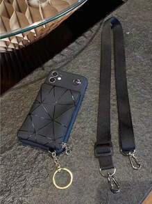 苹果 iPhone 16 带手机吊饰几何图案手机壳带挂绳兼容 iPhone15/15Plus/15Pro/15Promax - 黑色 - 查看 5