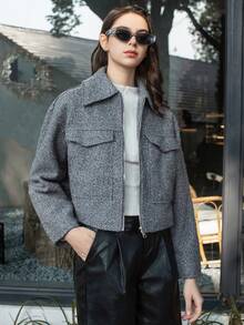 HH 女士外套灰色带口袋翻领长袖拉链夹克时尚女士高街淑女装 - 灰色 - 查看 7