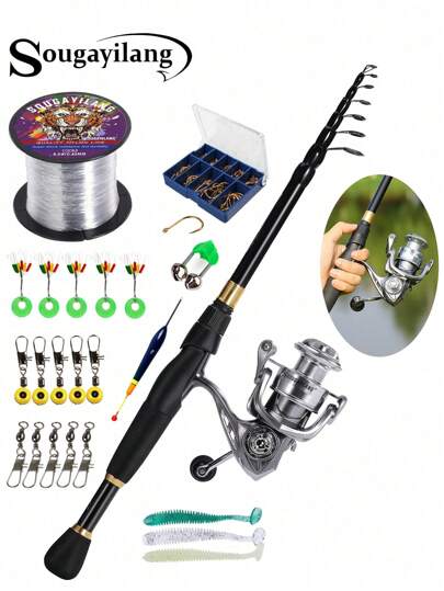 SOUGAYILANG Spinning Fishing Rod And Reel Set,1.8-2.4M Telescopic Fishing Rod & 5.2:1 Gear Ratio Spinning Reel,Portable And Lightweight Combo,Suitable For Freshwater And Saltwater Fishing.(Fishing Line Color And Size Are Random)