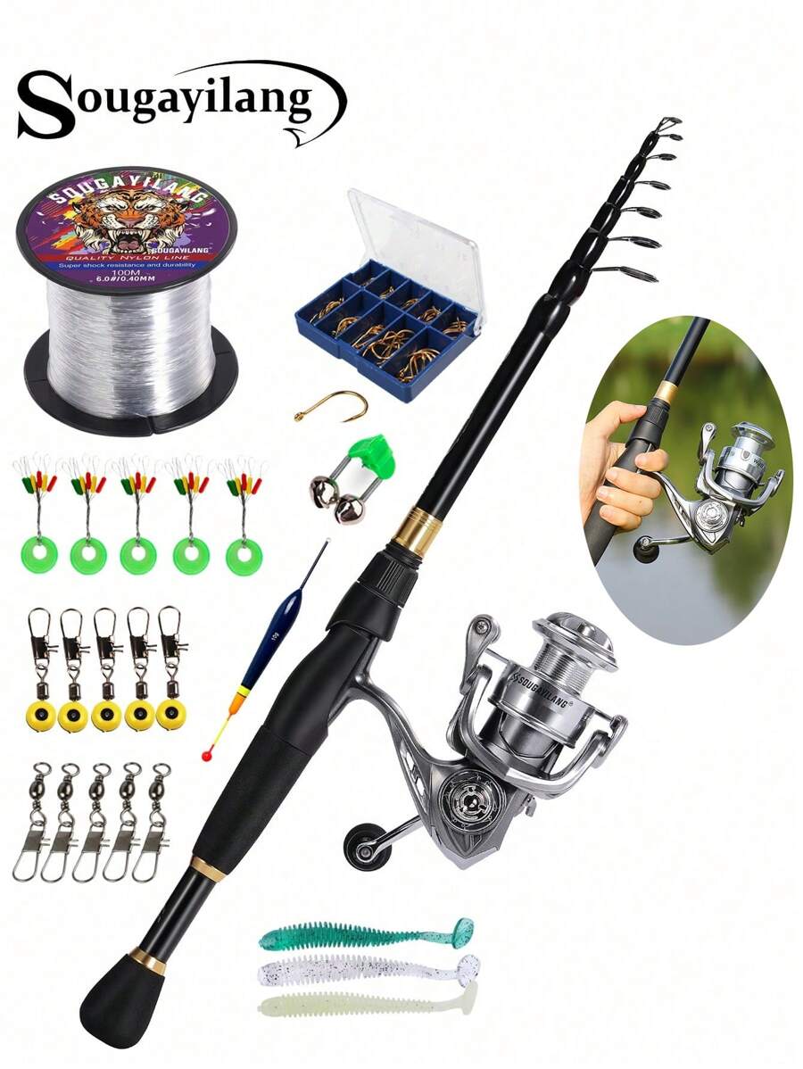 SOUGAYILANG 旋转钓鱼竿和卷轴套装,1.8-2.4M 伸缩钓鱼竿和 5.2:1 齿轮比旋转卷轴,便携轻便组合,适合淡水和咸水钓鱼。(钓鱼线颜色和尺寸随机) - 黑色 - 查看 1