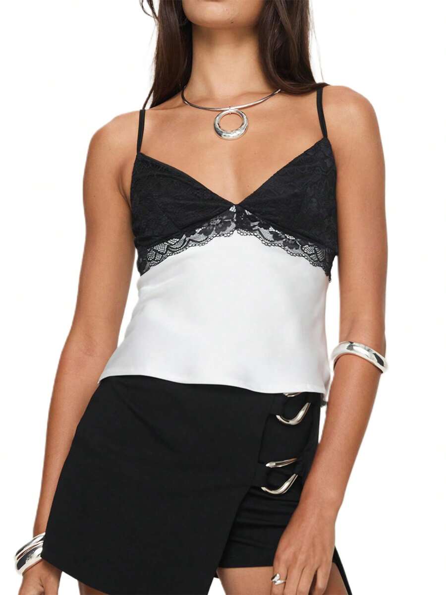 Women's Lace Patchwork Cami Tops Summer Spaghetti Strap Deep V Neck Camisole Tank Tops - màu đen - Xem 1