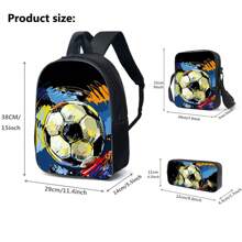 3 件套足球主题 3D 印花背包、斜挎包、铅笔袋、16 英寸书包、户外旅行包 - 黑色 - 查看 3