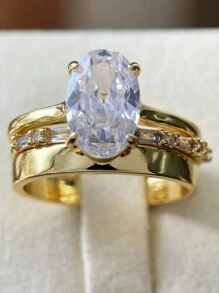 3pcs/Set Unique Oval Cut Cubic Zirconia Bridal Set Engagement Ring Gift For Her Promise Ring Wedding Set Eternity And Plain Band Set Ring For Gift - Gold - View 2