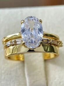 3pcs/Set Unique Oval Cut Cubic Zirconia Bridal Set Engagement Ring Gift For Her Promise Ring Wedding Set Eternity And Plain Band Set Ring For Gift - Gold - View 4