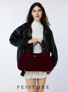 FEISTURE 1 件仿麂皮手提包，Ancora 大容量纯色成熟优雅女士手提包，勃艮第复古带扣肩带，适合女孩、女士、大学生、职场新人和白领，非常适合工作、商务、通勤、学校、复古风格女士包 - 酒紅色 - 查看 11