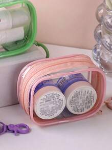 Portable Mini Transparent Zipper Storage Bag, Towel Embroidered Letter, Small Multi-Function Storage Bag, Earphone & Charger Storage Box With Keychain, Transparent Travel Accessories, Exquisite And Compact, Suitable For Storing Small Items, Cable Storage Bag, Bracelet Pouch - Pink - View 3