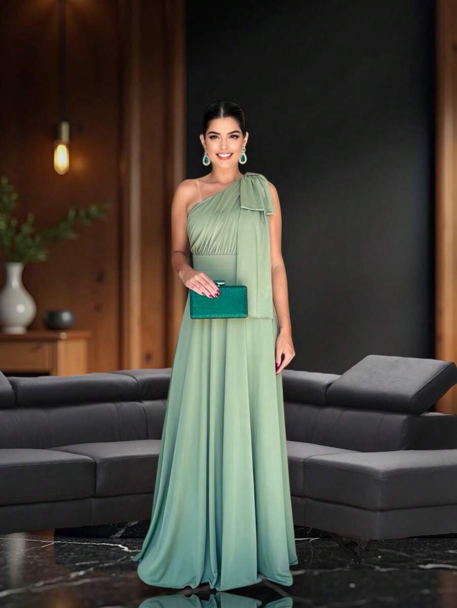 Long Party Dress With Lace, Lined Cups, Comfortable, Elegant, Simple - Olive Green - View 1