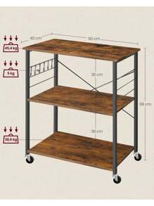 VASAGLE Carrello da Cucina con Rotelle, Carrello di Servizio con 3 Ripiani, Scaffale per Microonde, Forno, Tostapane, Struttura Metallica con 6 Ganci, Marrone Vintage e Nero/Greige Melange e Nero - Castano - Visualizzare 4