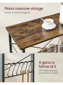 VASAGLE Carrello da Cucina con Rotelle, Carrello di Servizio con 3 Ripiani, Scaffale per Microonde, Forno, Tostapane, Struttura Metallica con 6 Ganci, Marrone Vintage e Nero/Greige Melange e Nero - Castano - Visualizzare 5