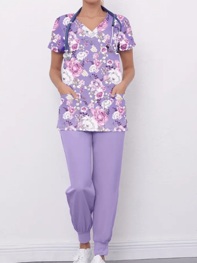 Women V-Neck Short Sleeve All-Over Print Top And Pants Scrub Uniform Set