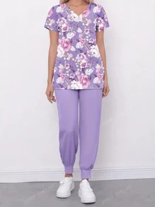 Ensemble de tenue de travail avec Top à col V manches courtes à imprimé intégral et pantalon pour femmes