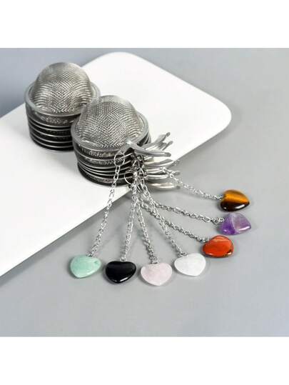 1-10pcs Natural Amethyst, Rose Quartz, Red Jade, Tiger Eye, Black Obsidian Tea Infuser, 304 Stainless Steel Tea Strainer, Tea Infuser Basket With Chain For Loose Leaf Tea, Teapot, Cooking