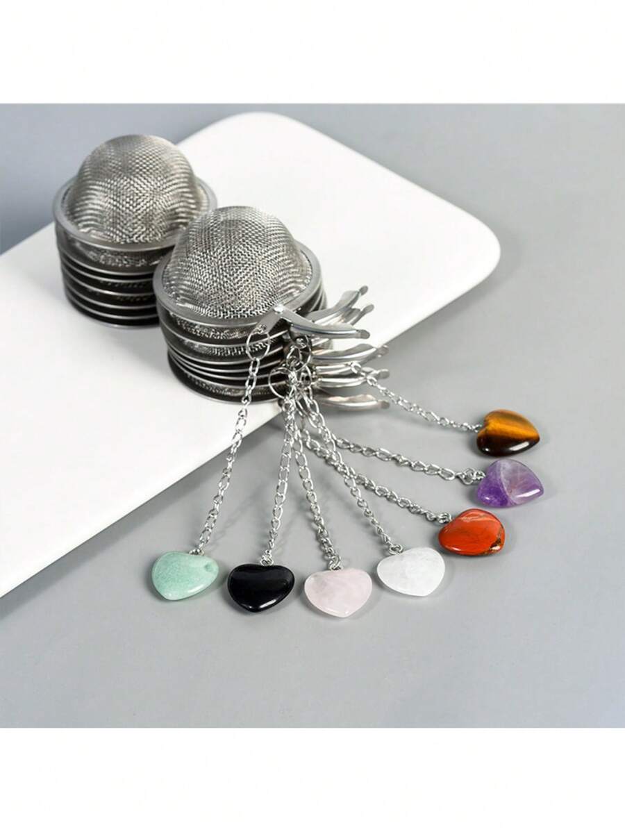 1-10pcs Natural Amethyst, Rose Quartz, Red Jade, Tiger Eye, Black Obsidian Tea Infuser, 304 Stainless Steel Tea Strainer, Tea Infuser Basket With Chain For Loose Leaf Tea, Teapot, Cooking - Multicolor - View 1