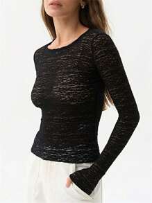 Womens Sheer Lace Tops Slim Solid Color See Through Round Neck Long Sleeve Undershirts Casual Streetwear - Black - View 5