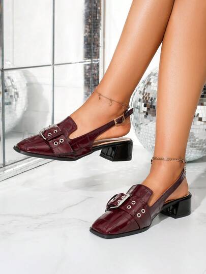 Handmade Bordeaux Red Rivet Buckle Strap Adjustable Buckle Fashionable Versatile Chunky Heel Pumps