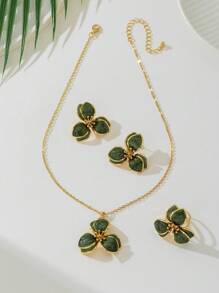 1 件优雅绿色花卉吊坠项链、1 件戒指、1 对耳环 - 绿色珠宝套装 - 綠色 - 查看 3