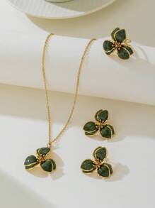 1 件优雅绿色花卉吊坠项链、1 件戒指、1 对耳环 - 绿色珠宝套装 - 綠色 - 查看 4