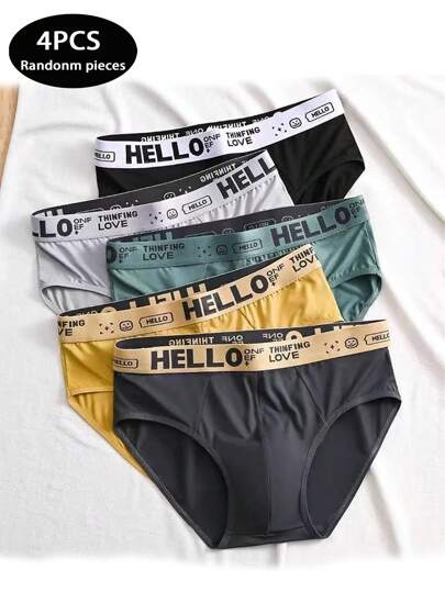 Set de 4 calzoncillos para hombre con diseño asimétrico de letra "HELLO" en la cintura, de colores aleatorios, cómodos y elásticos