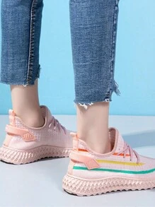 New Spring, Summer And Autumn Women's Tricolor Stripe Casual Sports Shoes, Mesh Fabric Fashion Athletic Sports Shoes, Modern, Lightweight, Breathable And Comfortable - 粉色 - 查看 7