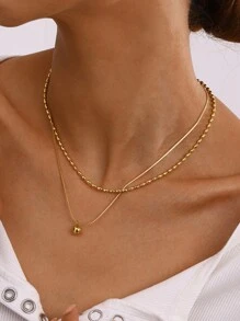 1 件女士时尚双层不锈钢项链米珠链简约日常百搭防水 18K 镀金项链适合通勤等。 - 多層項鍊 - 查看 6