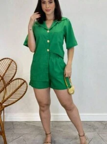 Linen Set / Shirt And Shorts / With Elastic Waistband - Army Green - View 2