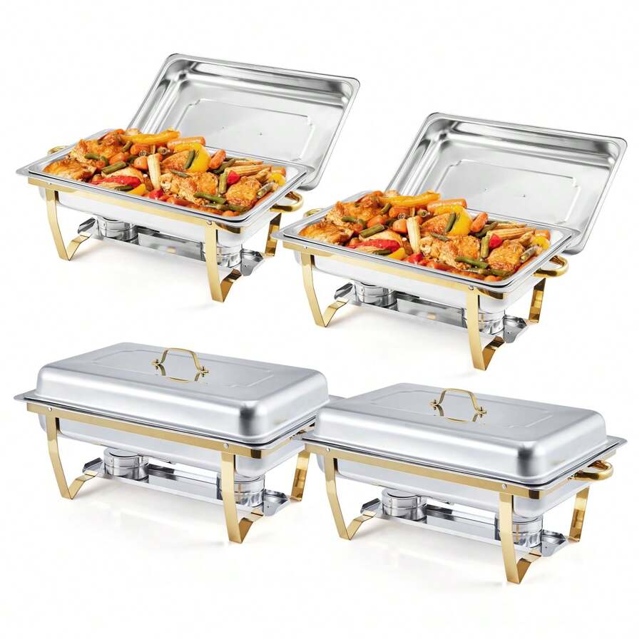 Chafing Dish Buffet Set 4 Pack, 8 Qt Stainless Steel Chafer Buffet Servers And Warmers Sets With Lid Folding Frame, Rectangular Chafing Dishes For Parties, Weddings, Catering Events, Silver/Gold - 金色 - 查看 1