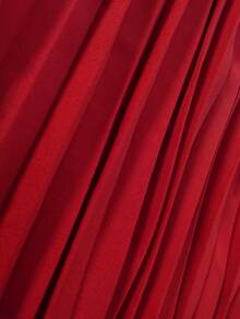 春夏新款优雅短袖红色褶皱纯色女士休闲连衣裙，复古收腰连衣裙