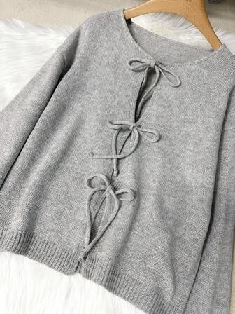 [上衣] 纯色扭纹前长袖开衫，极简风，办公装，复古，简约，法式，女式前系带纯色针织开衫，可穿在纽扣衬衫外面，超大可爱开衫