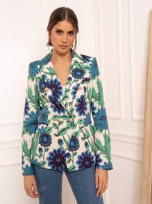 Veste blazer pour femme à imprimé floral bleu-vert, design à double boutonnage, dotée de boutons et de poches, élégante et classique, Collection Automne/Hiver
