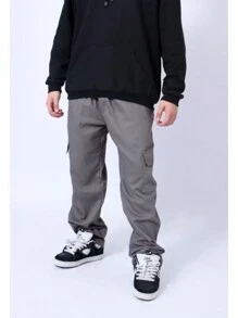 Men's Black Khaki And Beige Skater Cargo Pants With Elastic Waistband - 深灰色 - 查看 1