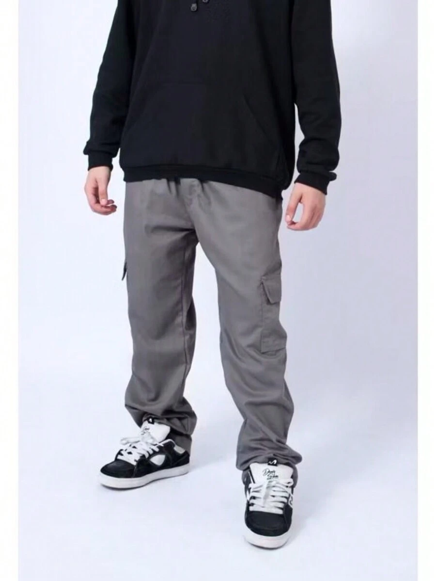 Men's Black Khaki And Beige Skater Cargo Pants With Elastic Waistband - 深灰色 - 查看 1
