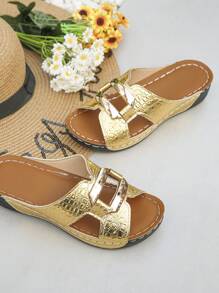 Plus Size 36-45 Fashion Versatile Gold Metal Buckle Open Toe Women Summer Wedge Platform Sandals, Comfortable & Slip On, Suitable For Daily, Beach, Vacation - Gold - View 7